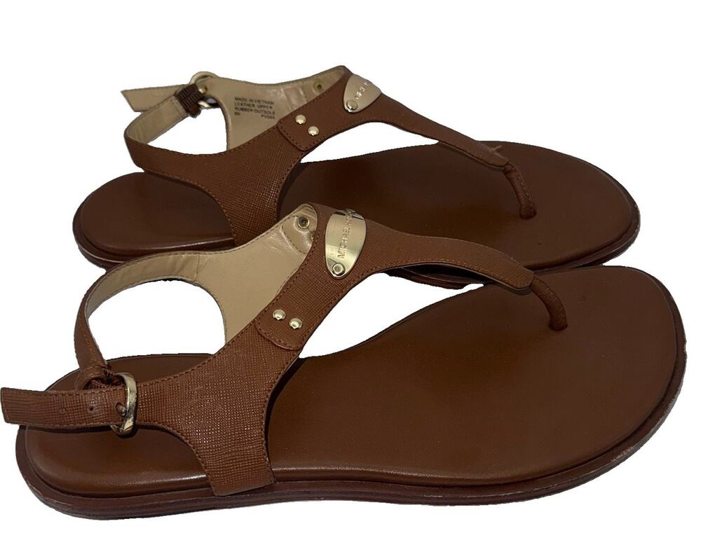 Michael Kors MK Plate Thong Sandals Womens 9M Luggage Brown Leather Gold